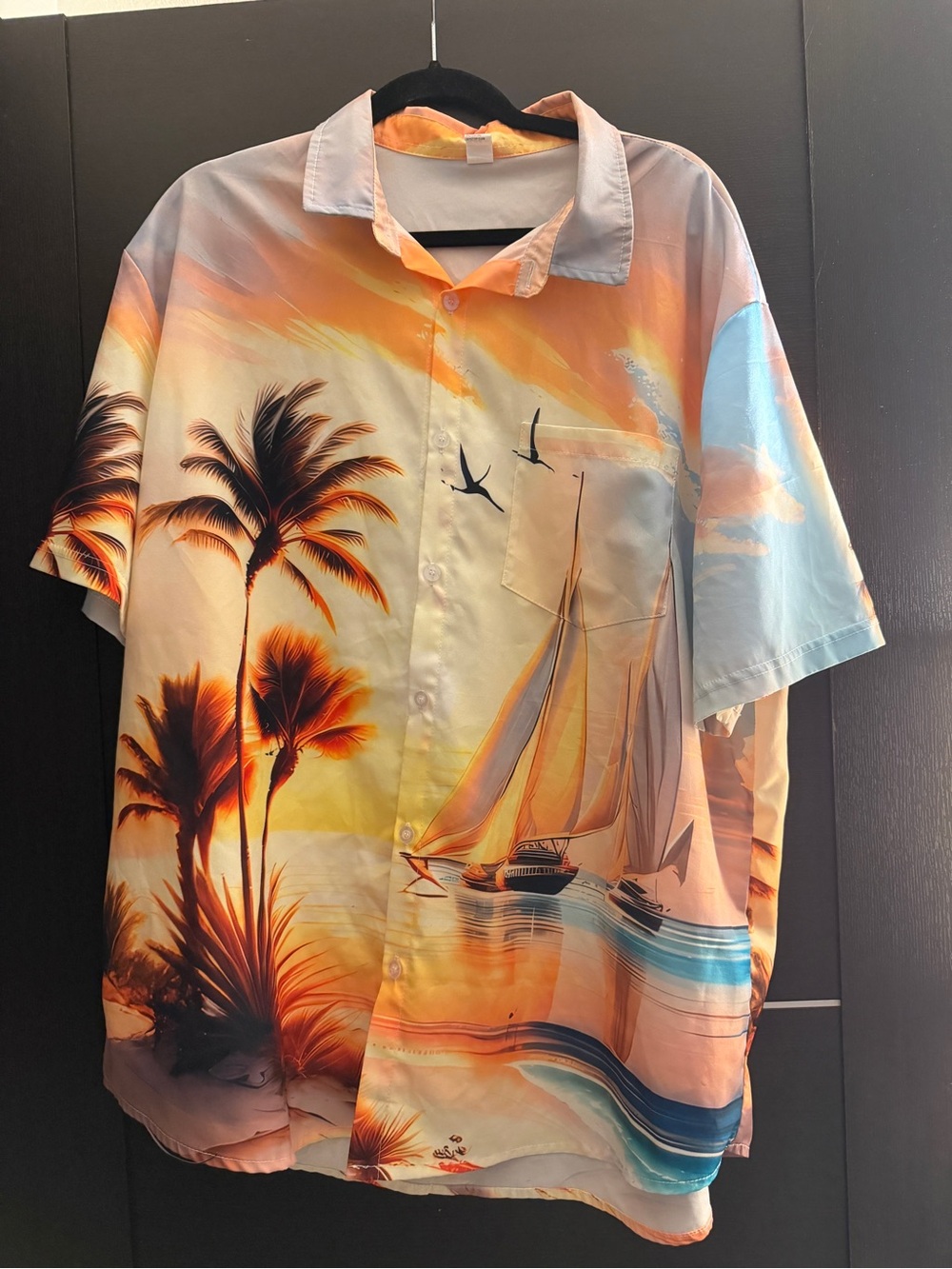 Men’s 3XL Tropical Hawaiian Shirt Palm Trees Sailboats Sunset Button Up